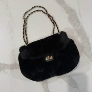Expressions NYC Vegan Fur Bag Womens Black Faux Fur Shoulder Chain Handbag Purse